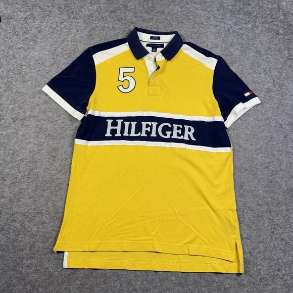 Tommy Hilfiger Rugby Shirt Navy Blue Yellow Iconic Classic Striped Rap 5 Custom - Picture 2 of 13